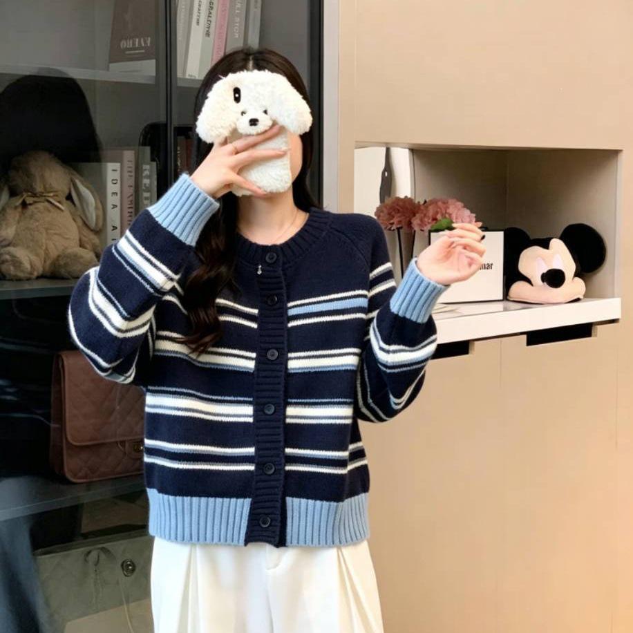 Forest Academy Style Women's Striped Cardigan - Single-Breasted Knitwear for Autumn/Winter