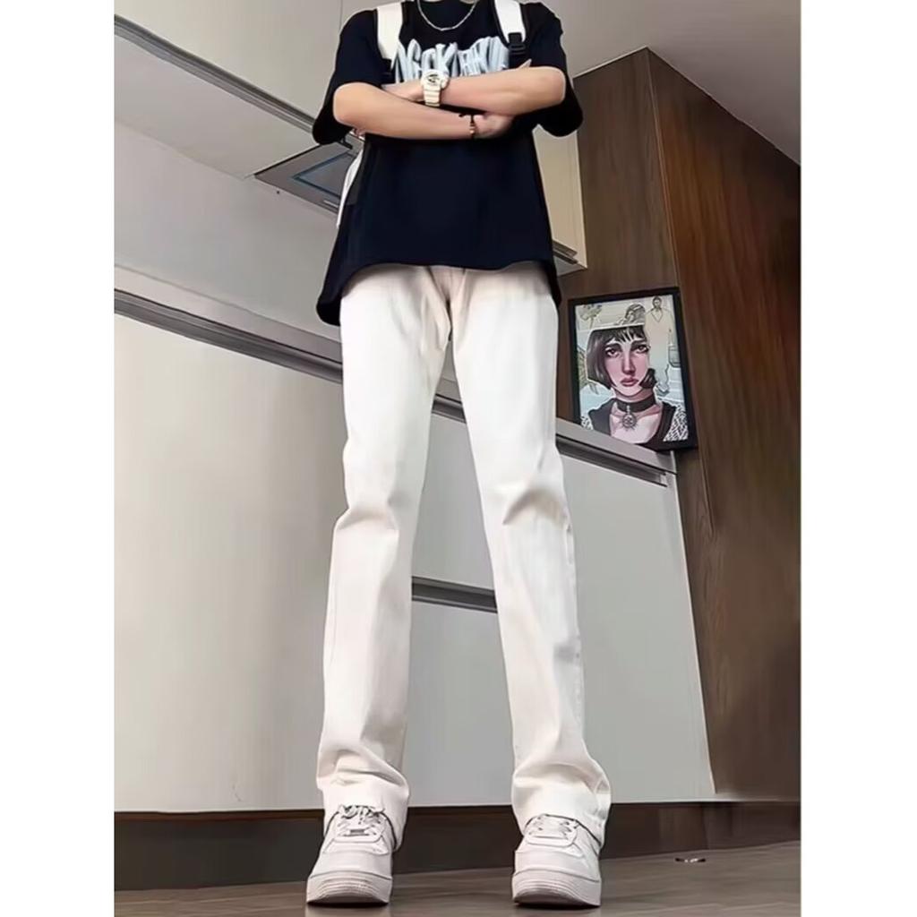 Solid color simple elastic waist jeans men's American high street trend basic casual trousers