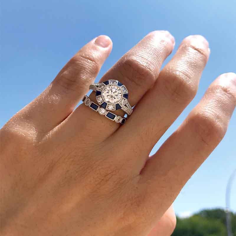 Stunning Geometry-inspired Silver Plated Blue Sapphire And Topaz Wedding Ring Set