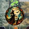 2D Flat Stained Glass Gothic Halloween Witch Window Decoration, 6.3/7.87 Inch Maple Leaf Colorful Glass Plate with Chain, Charming Halloween Sun