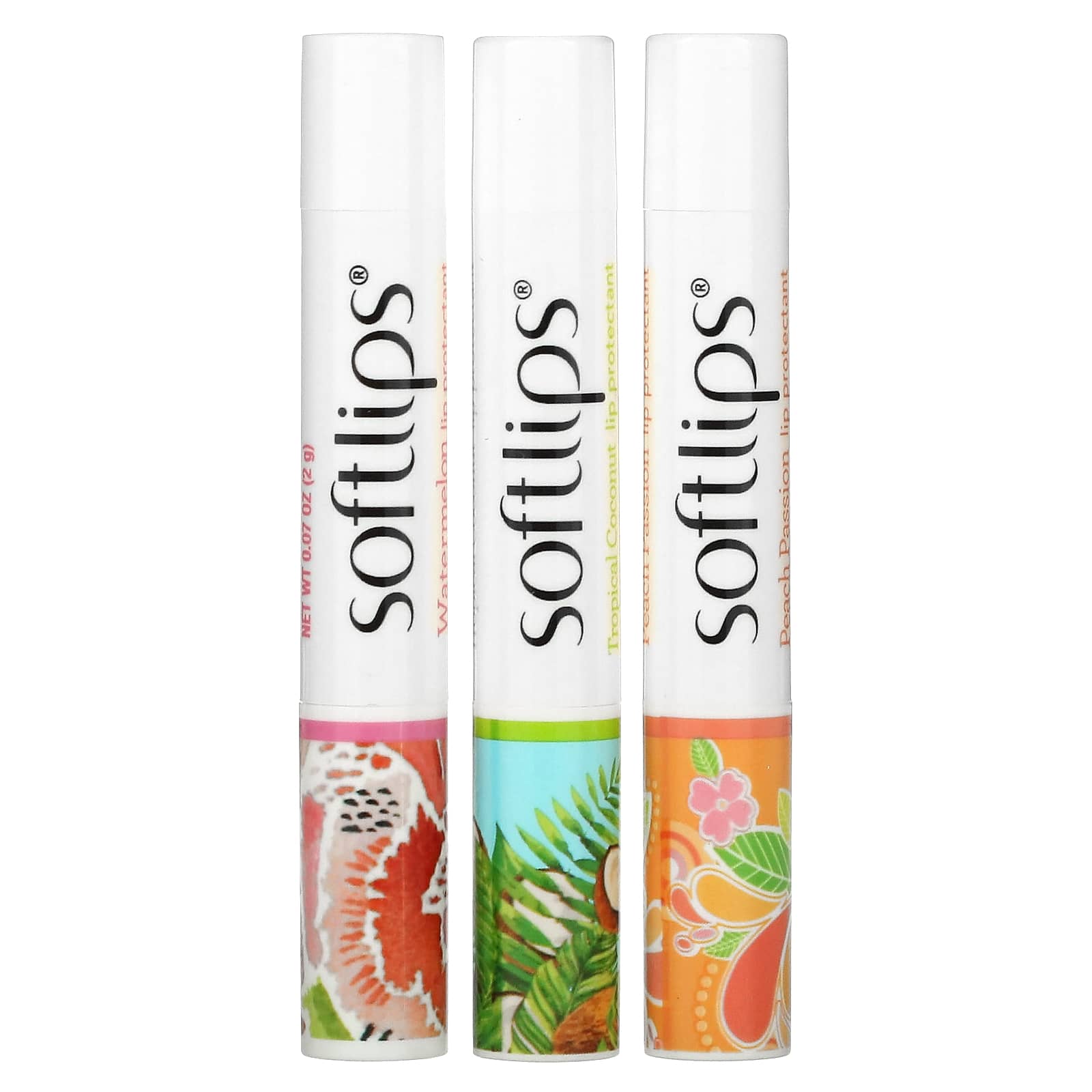 

Softlips, протектор для губ, кавун, тропічний кокос, персикова пристрасть, 3 штуки, 2 г (0,07 унції) кожен