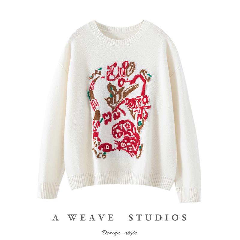 100% Wool Red Jacquard Round Neck Sweater - Autumn/Winter Loose Knit Christmas Top