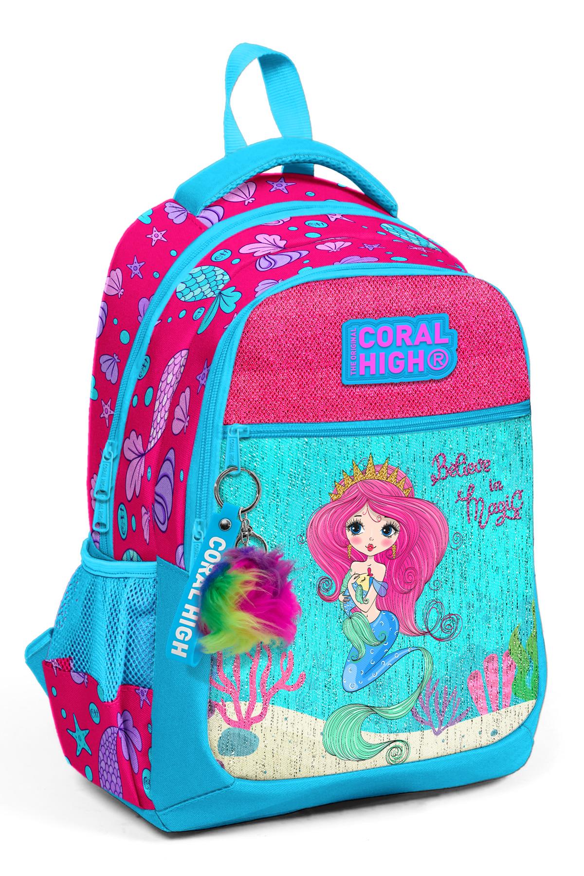 

Школьный рюкзак Coral High Kids, синий, розовый, с рисунком русалки, с тремя отделениями, 23476