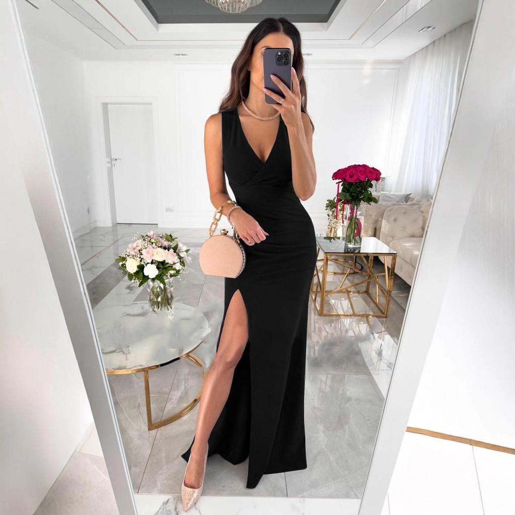 2023 Summer Bestseller Sleeveless V-Neck Solid Color Slit Dress
