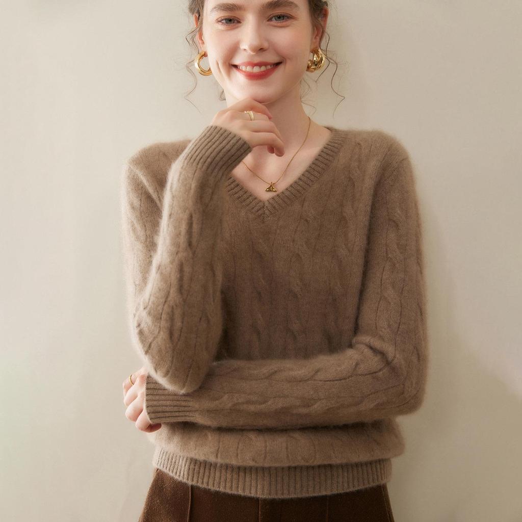 Women’s Cashmere V-Neck Knit Sweater - 2025 Autumn/Winter Collection, Double-Strand, Thickened, Short, Pure Color, Warm Base Layer.