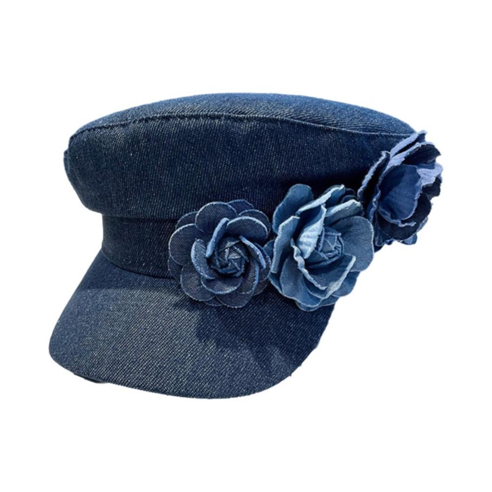 Adjustable Flower Flat Top Hat Artistic Painter Caps Trendy Denim Camellia Beret Hat  Travel