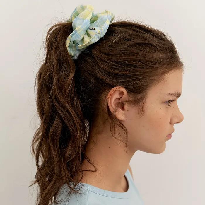 Vintage Check Plaid Scrunchie - Sky Sorbet