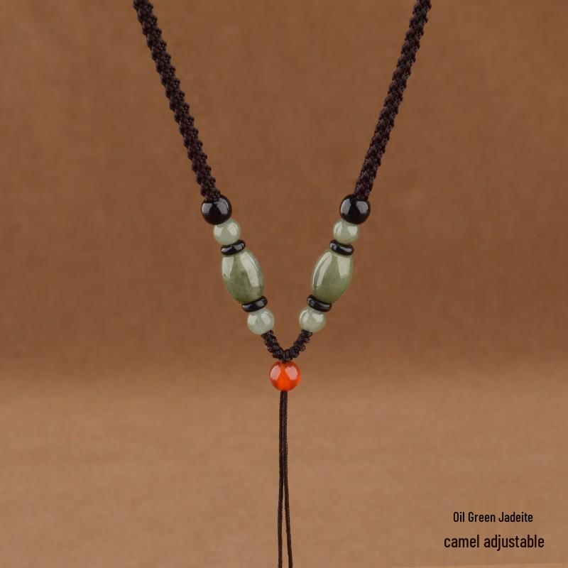 Natural Jade Stone Lanyard Pendant Necklace with Adjustable Cord and Amber Buddha or Guanyin Pendant