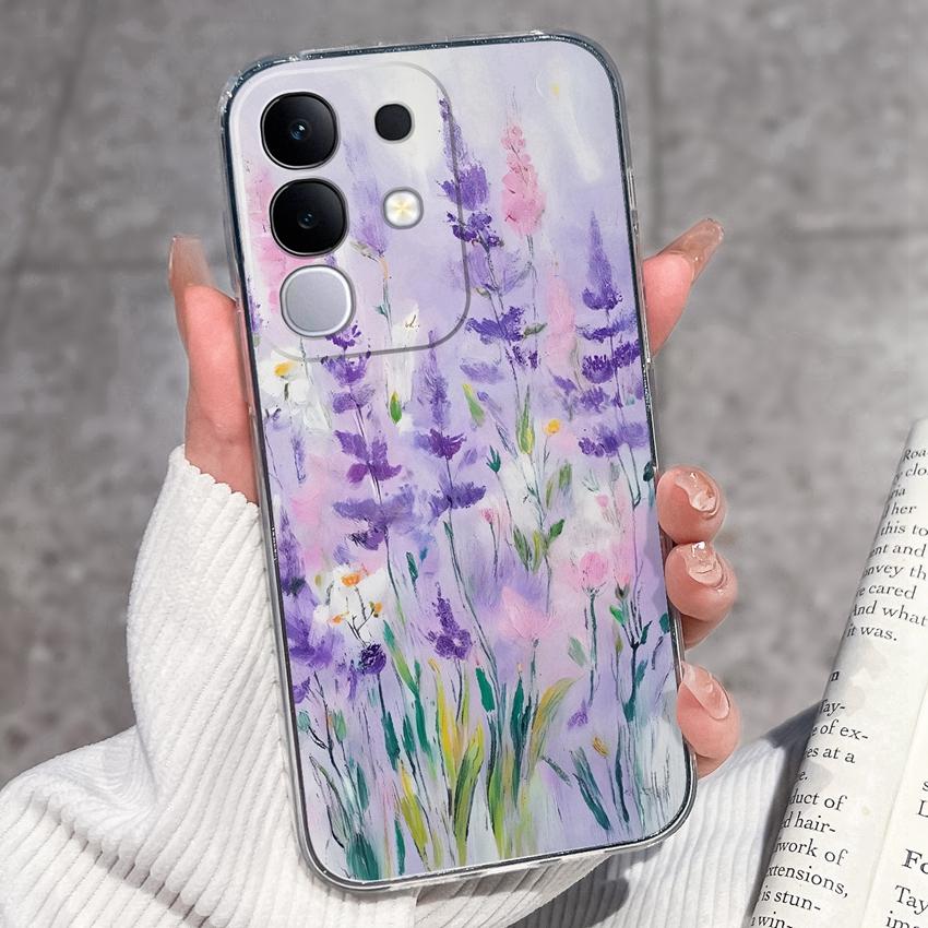 Shockproof Silicone Phone Cases For Vivo Y29 Y29s Y28 Y27 Y27t Y22 Y22s Y21 Y21e Y21s Y20 Y20i Beautiful Lavender Pattern Clear Covers For Vivo Casing