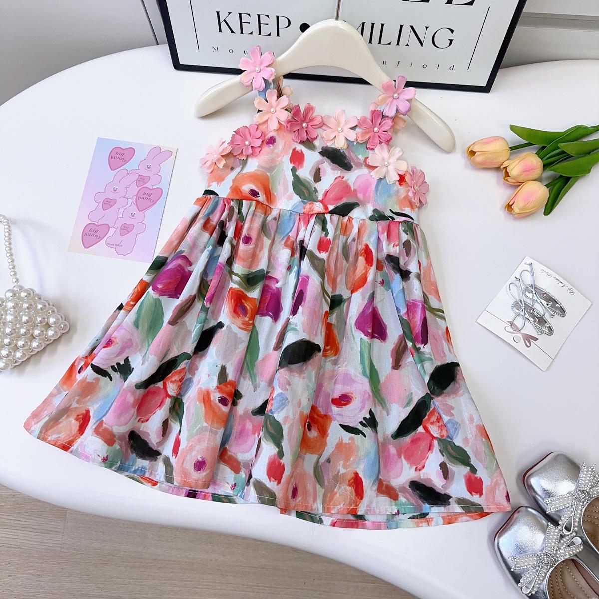 

Girls Floral Spaghetti Strap Summer Dress - French Style Princess Vest Dress AXB685 Size 100