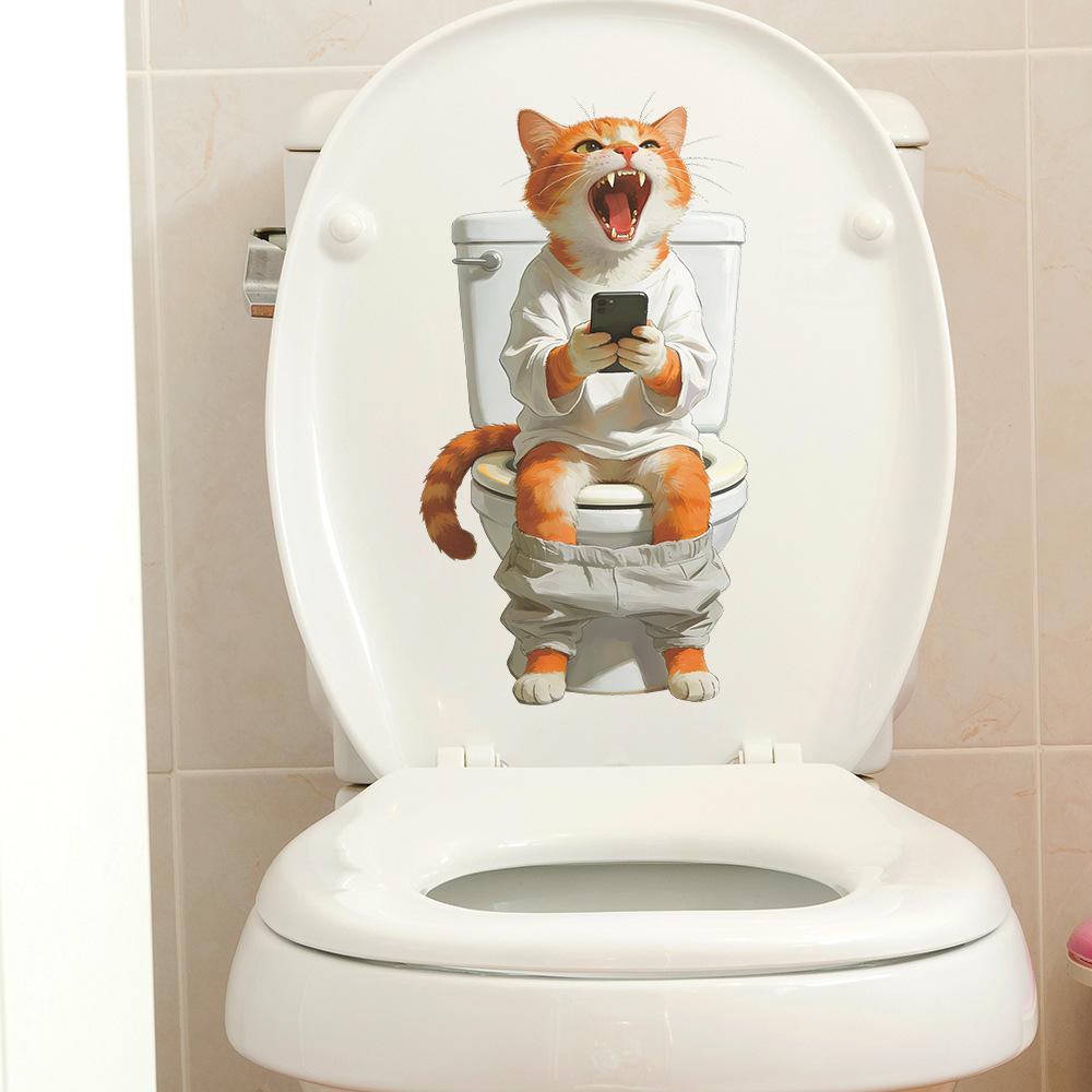 Funny Cat Squatting on Toilet Self Adhesive Waterproof Bathroom Wall Sticker Home Decor