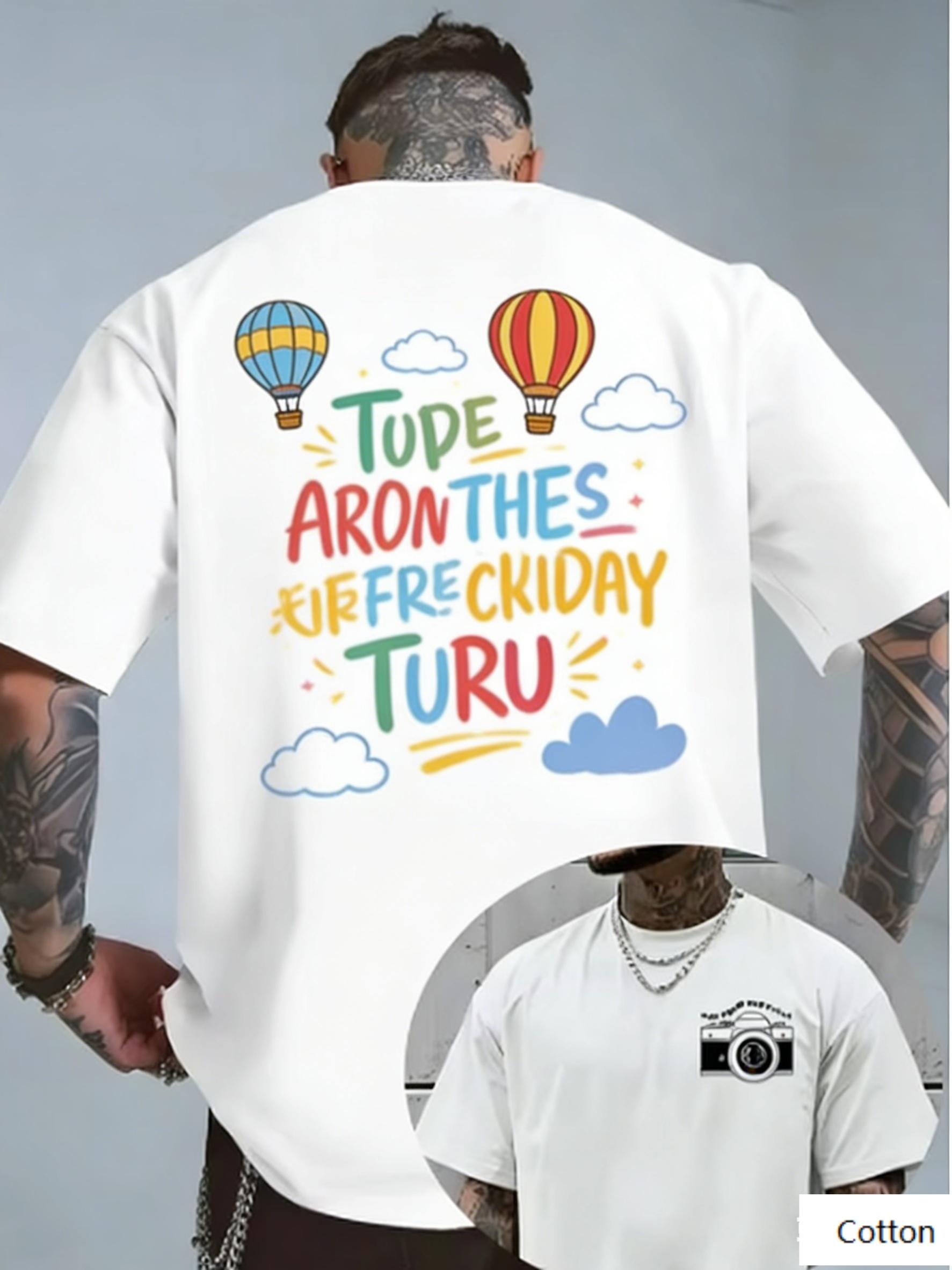 Vintage Hot Air Balloon Travel Graphic T Shirt, Cotton Crew Neck Short Sleeve Tee, Whimsical Balloon Print Unisex Top S разноцветный