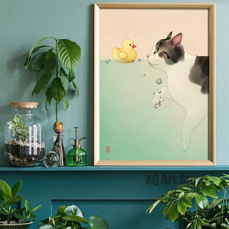 Arte de animais engraçados adoráveis, gato brincando com peixes na água, pôster, pinturas em tela, impressão, arte de parede, imagem para casa