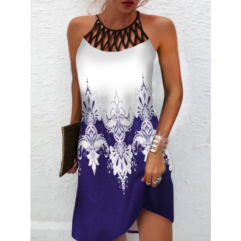 VEZFAA Women's Fashion Summer Spring Colour Block Print Sleeveless Middle Waistline Casual Dresses