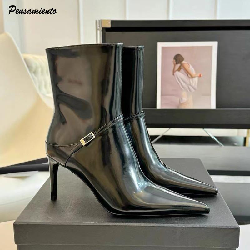 Fashion Autumn Winter Fashion Patent Leather Strap Buckle Women Ankle Boots Elegant Pointed Toe Stiletto High Heels Chelsea Boots Shoes