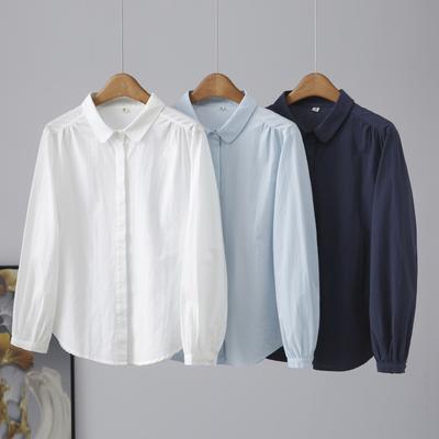 Spring Small Yuan Collar Solid Color Washed Cotton Cardigan Long Sleeved Shirt Blouses & Shirts