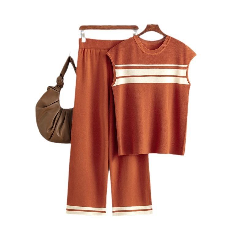 New fashion casual suit loose contrasting color striped sleeveless top + high waist wide leg trousers two-piece set