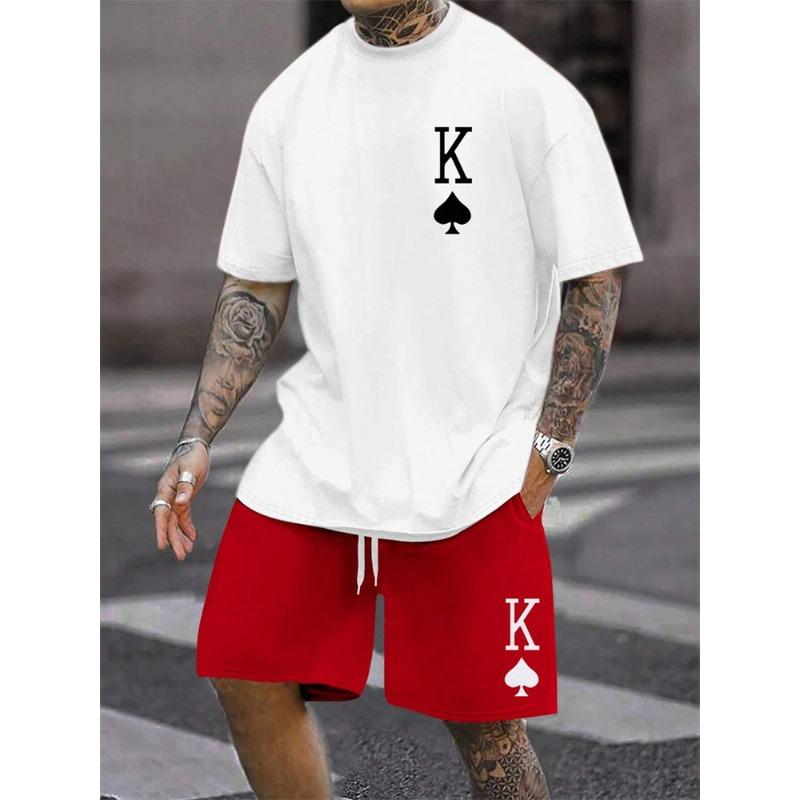 New Men's Short Sleeve Shorts Set Fashion King Printed T-Shirt Shorts 2 Sets of Casual Round Neck Jumper Breathable Sportswear