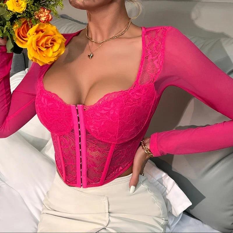 Square Neck Lace See Through Short Shirt Sexy Mesh Fishbone Bra Lace Blouse Women V-neck Spicy Girl Tops For Woman 30375