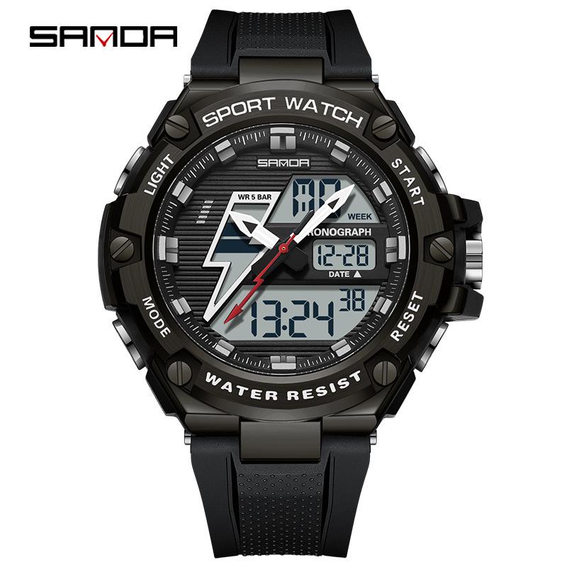 

Мужские многофункциональные противоударные водонепроницаемые спортивные часы Sanda с будильником и черными технологиями.