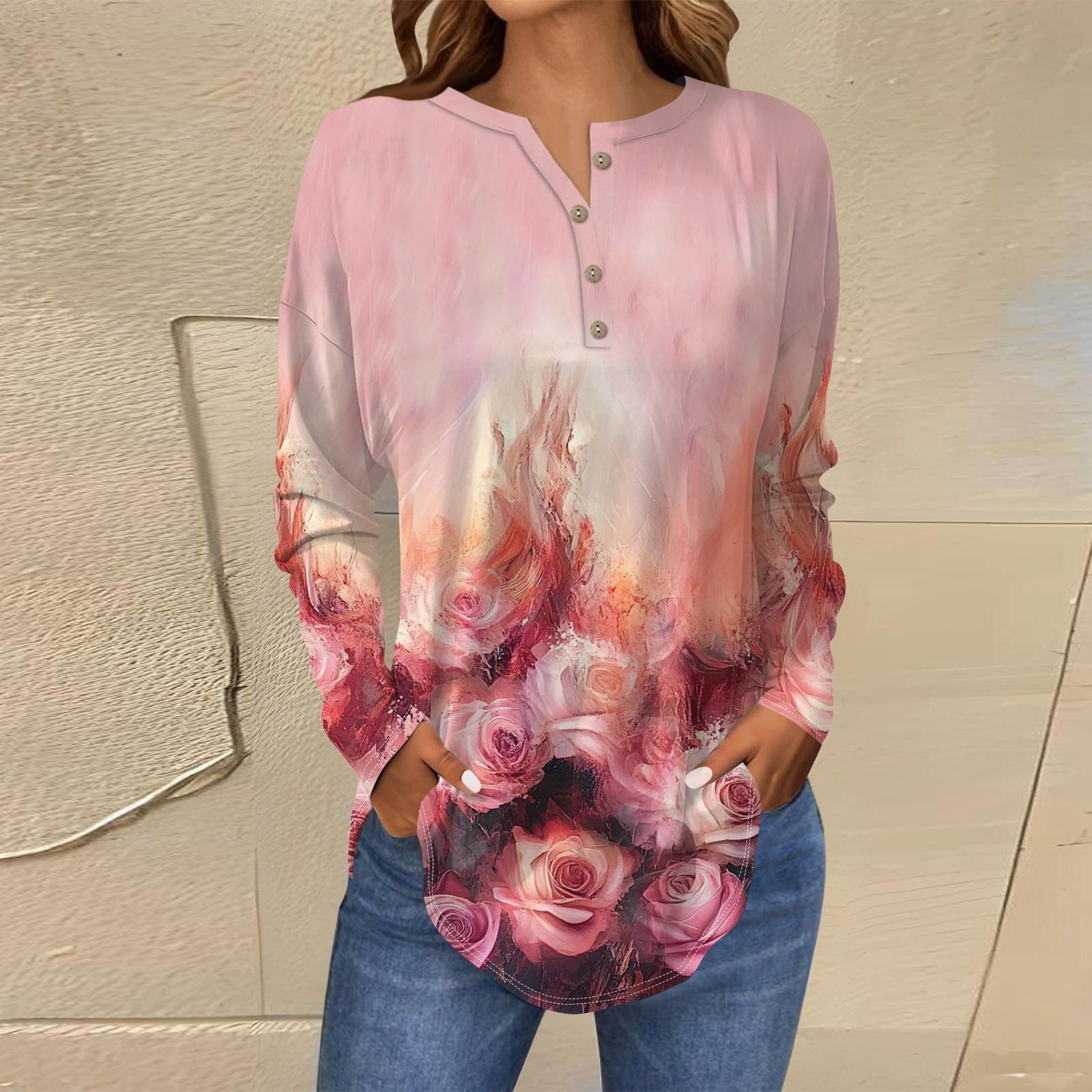 

Футболки для женщин, осенние повседневные рубашки с длинным рукавом на пуговицах, толстовка с винтажным принтом, топ, пуловер XXXL горячий розовый