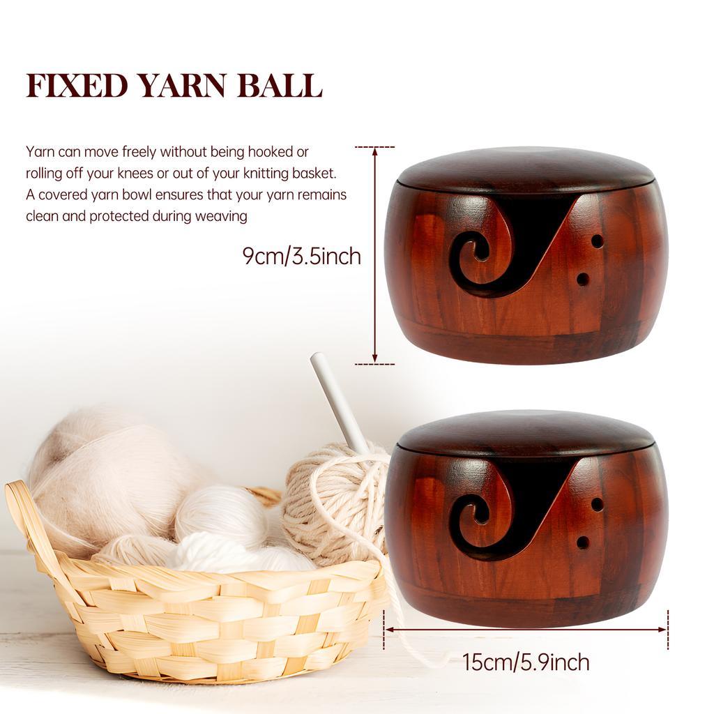 Wooden Yarn Bowl Round Crochet Bowl Holder with Holes Pine Knitting Yarn Bowls Wooden Weaving Thread Bowl with Lid Portable Yarn