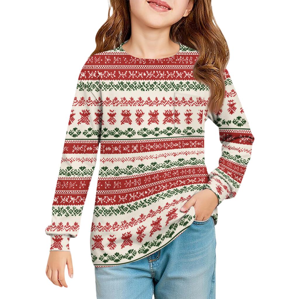 Christmas Day Girls' Long Sleeve Blouse - Round Neck Soft Waist Tunic