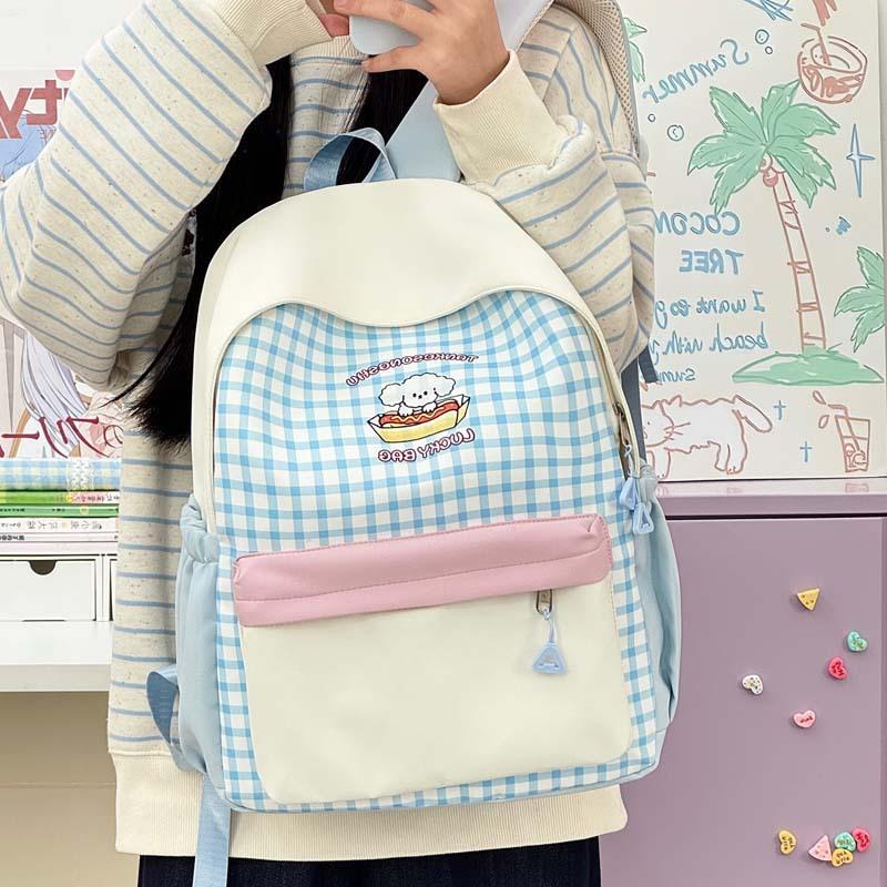Schoolbag Junior High School Student Schoolbag Girls Japanese Ins Sweet Plaid Contrasting Color Backpack Lightweight Backpack 1011 Summer