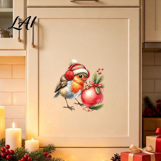 Christmas Bird Wall Decor Sticker Cute Watercolor Decals with Wreath/Scarf/Hat/Ear Warmer PVC Waterproof for Glass Window Stickers Holiday