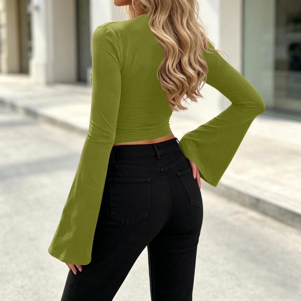 Women's Casual Lace Trim V Neck Long Bell Sleeve Top Stretchy Slim Fit Blouse Lightweight Soft Fabric Stylish Design