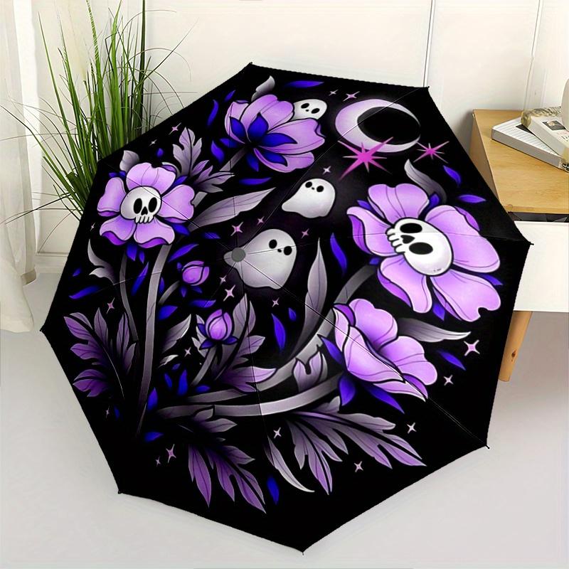 

1pc Skeleton Ghost Flower Pattern Beautiful Looking Automatic Folding Umbrella, 3 Folding, 8 Iron Frame Design, Durable and Suitable for Travel a