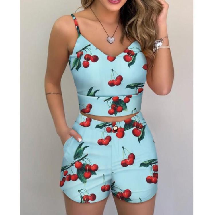 European and American Women's Summer Spaghetti Strap Slim-Fit Printed Shorts Set