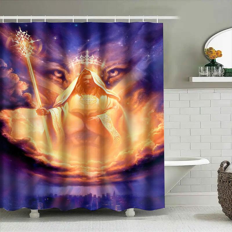 Godly Shower Curtain With Spiritual Design For Bathroom Decorations Blue Clouds Rays Lighting