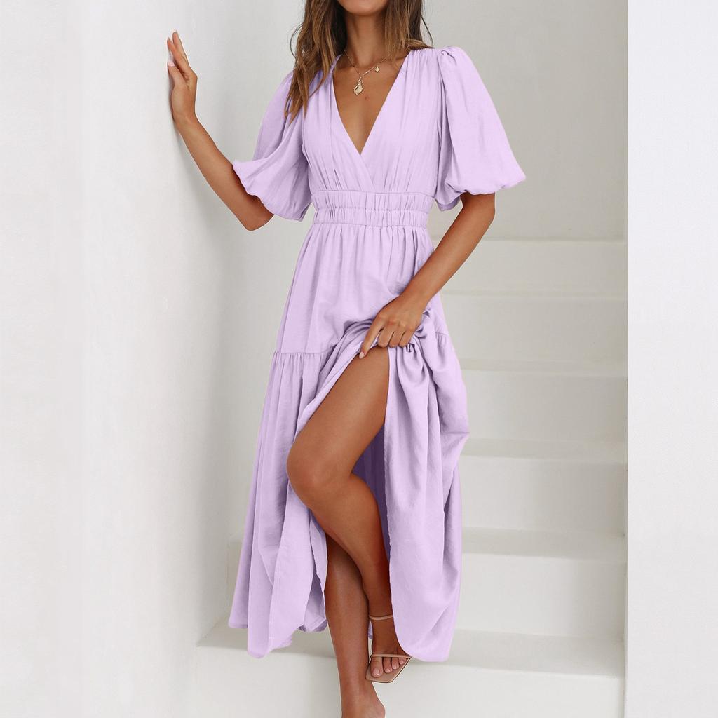 Women's Fashion Color Short Sleeve Cotton Linen Patchwork Pleat Dress