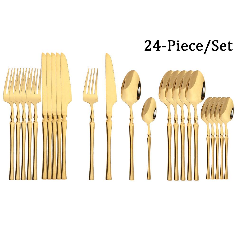 JANKNG 24Pcs White Gold Tableware Set Stainless Steel Dinnerware Spoon Fork Knife Cutlery Kitchen Food Flatware Silverware Set