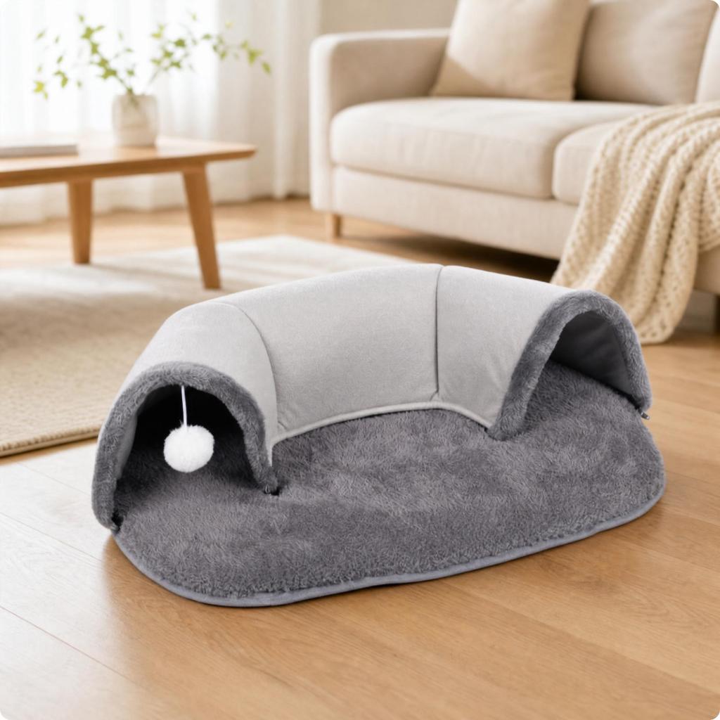 Cat Tunnel Bed with Fluffy Ball Toy Padded for Bedroom, Cats, Kittens