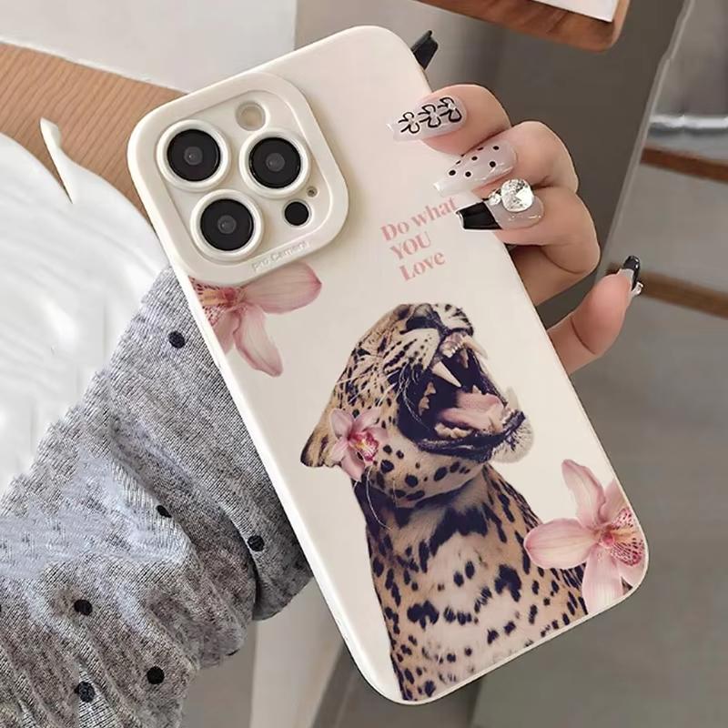 Floral Pattern Tiger And Leopard Painted Phone Case For iPhone 16 Pro Max 16E 13 12 11 14 Pro 15 Plus Mini X XR XS Max Cover