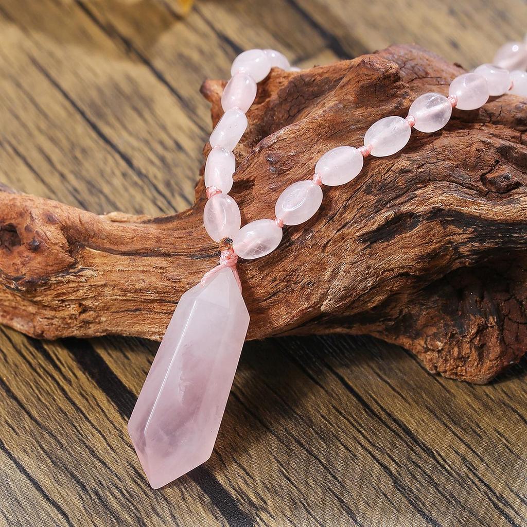 Boheemse Rozenkwarts Kralen Ketting met Natuurlijke Kristal Hanger