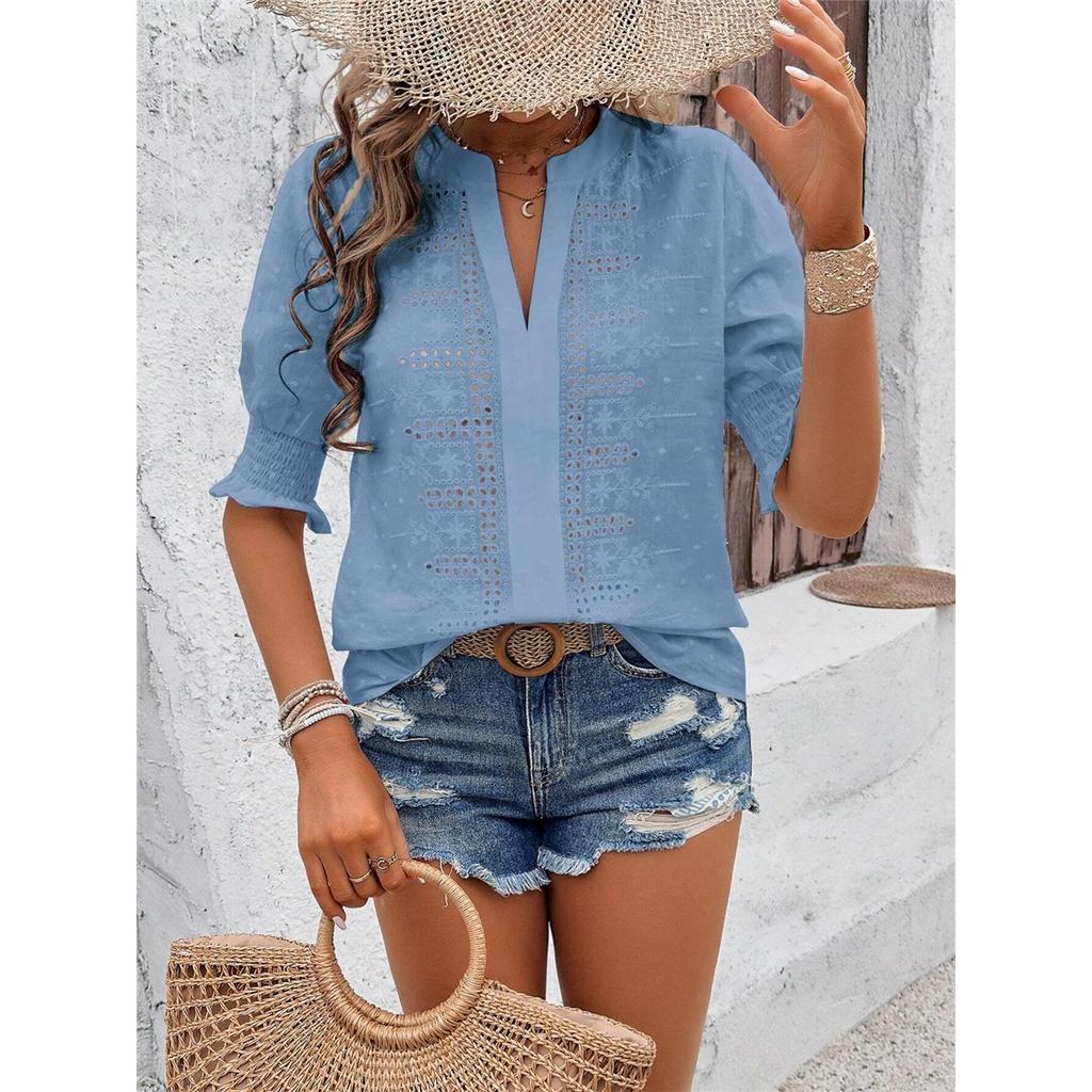 Women's Summer T-shirt Solid Color V-neck Puff Sleeve Hollow T-shirt