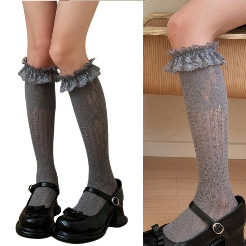 Women Knee Highs Fishnet Socks Ruffle Lace Hollowed out Calf Socks Mesh Socks Lolitas Fishnets Stockings Cosplay Costume