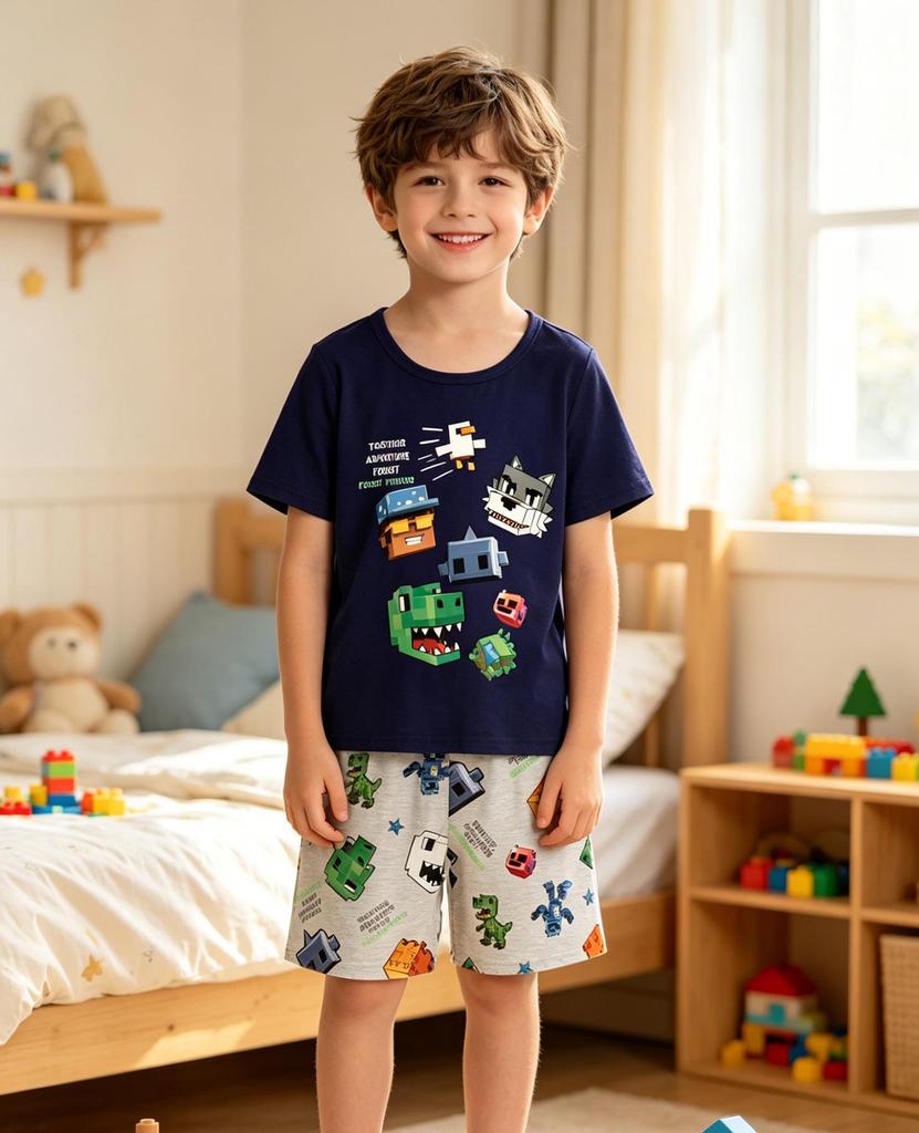 2 Pieces Boys Clothing Set, Summer Cool Pixel Game Graphic T-Shirt and All-Over Print Shorts, Kids Casual Outfits 8-12 Years