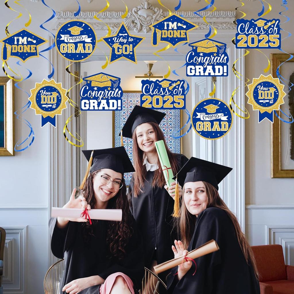 2025 Graduation Party Decorations - 30 Pcs Blue Gold Class of 2025 Congrats Grad Hanging Swirl Ceiling Decor for Home School Classroom Graduation