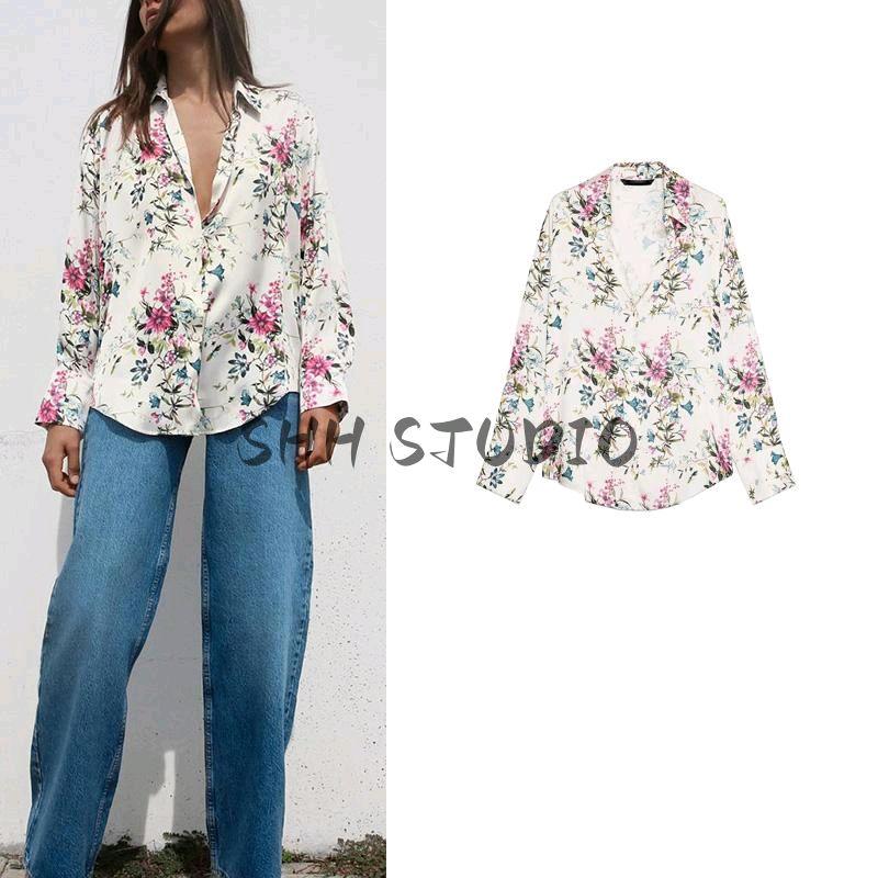 Spring New Women's Clothing Fashion Style Lapel Long Sleeves Silk Satin Texture Print Shirt 8503899
