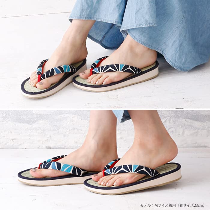 Takeharu Rush Grass Geta Made In Tatami Hemp Type A L Women's Sandals, Japan, Round, Style, Leaf/Navy, (14),