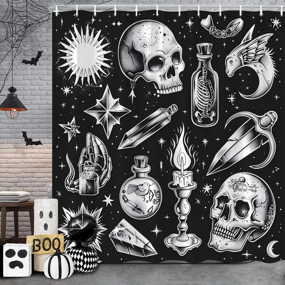 

Spooky Horror Halloween Skeleton Crow Shower Curtain Black Bat Black Cat Polyester Fabric Bath Curtain Bathroom Decor With Hoo 90x180cm
