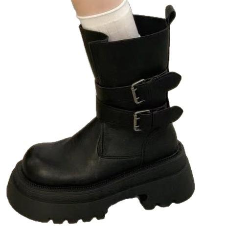 Thick-soled black motorcycle boots women's autumn retro handsome and thin short boots medium tube Martin boots