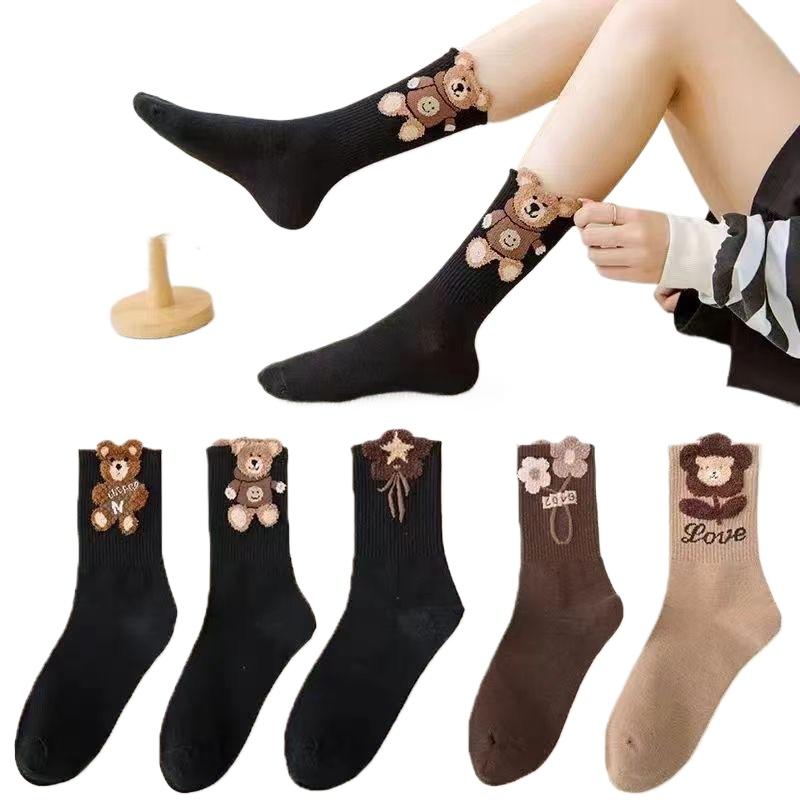 Women's Autumn and Winter Mid-calf Socks Cute Kawaii Bear Socks Warm Socks 3 Pairs