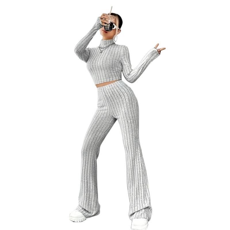 2025 Women's Solid Color Ribbed Knit Set: Long Sleeve Top and Base Shirt