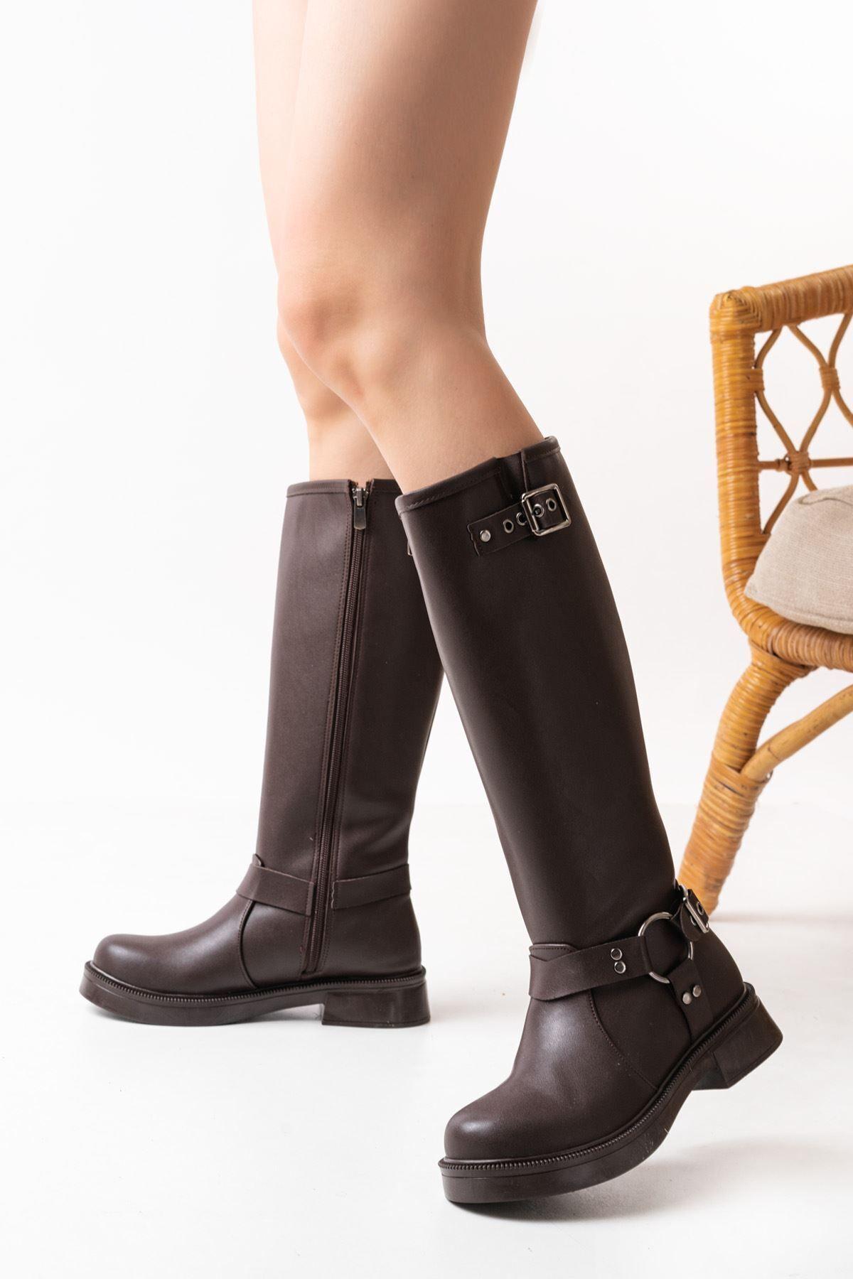 

Women Modern Stylish Fashion Boots Brown Buckle Accessory Zipper Casual Boots 36