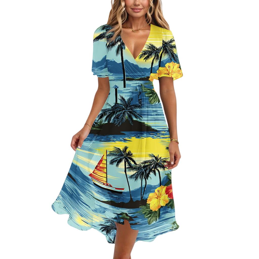 Women's Fashion Casual V Neck Short Sleeve Ruffled Vintage Printed Dresses